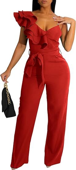 V-Neck Sleeveless Ruffle Backless Wide Leg Jumpsuit