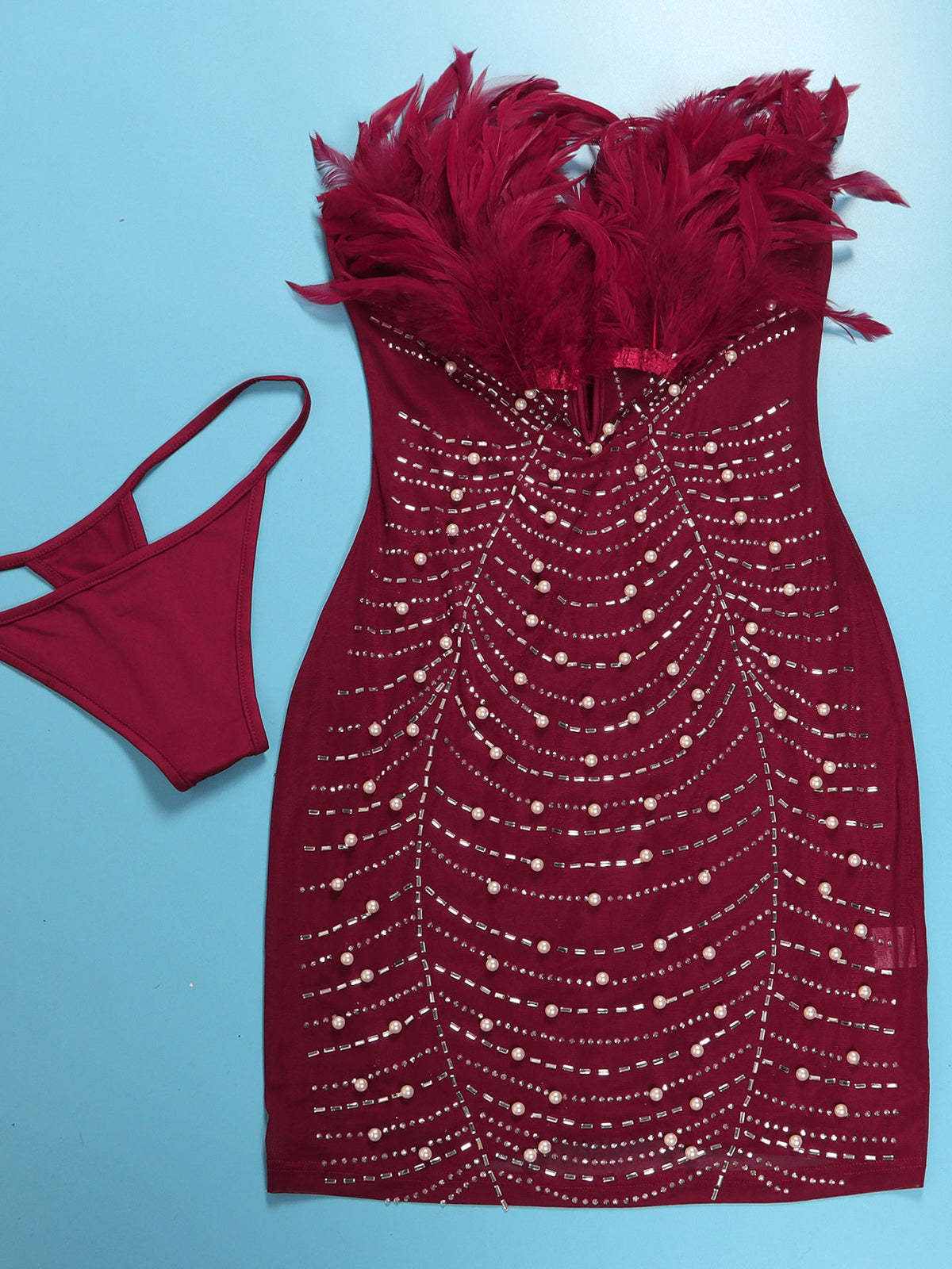 Feather Rhinestone Strapless Mini Dress