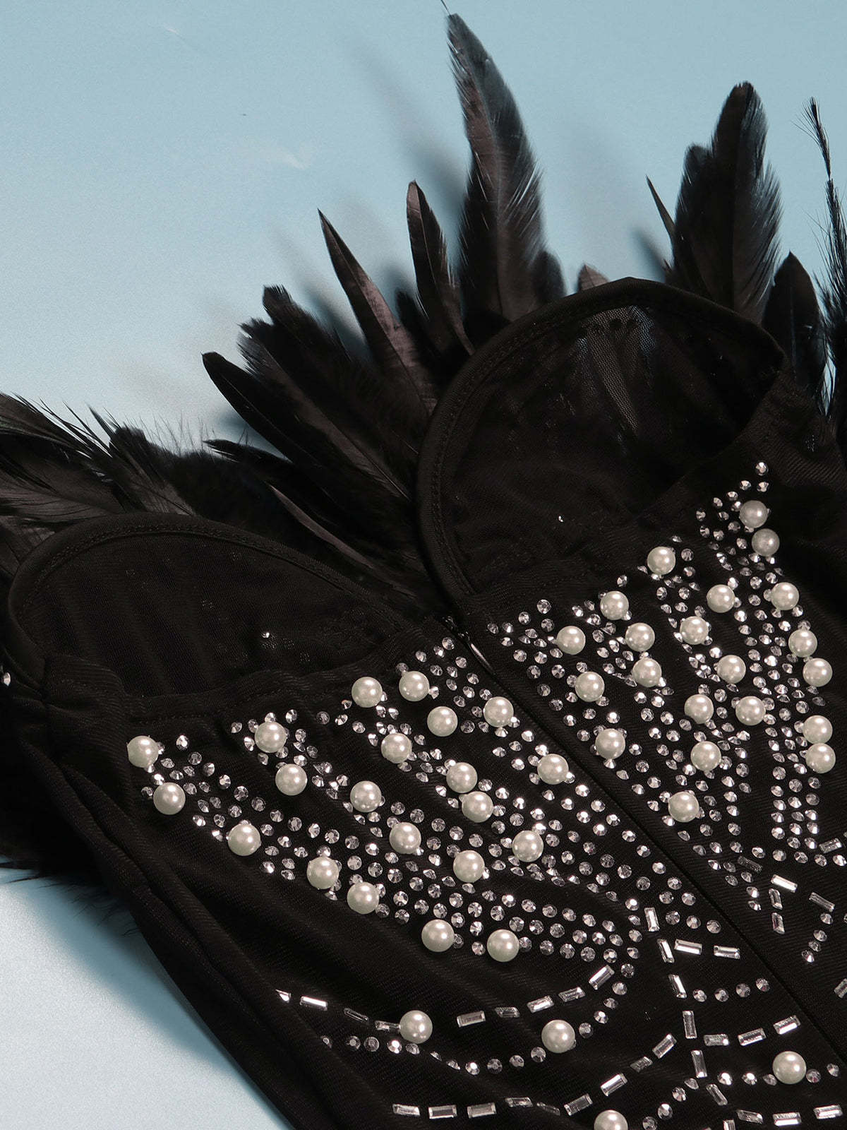 Feather Rhinestone Strapless Mini Dress