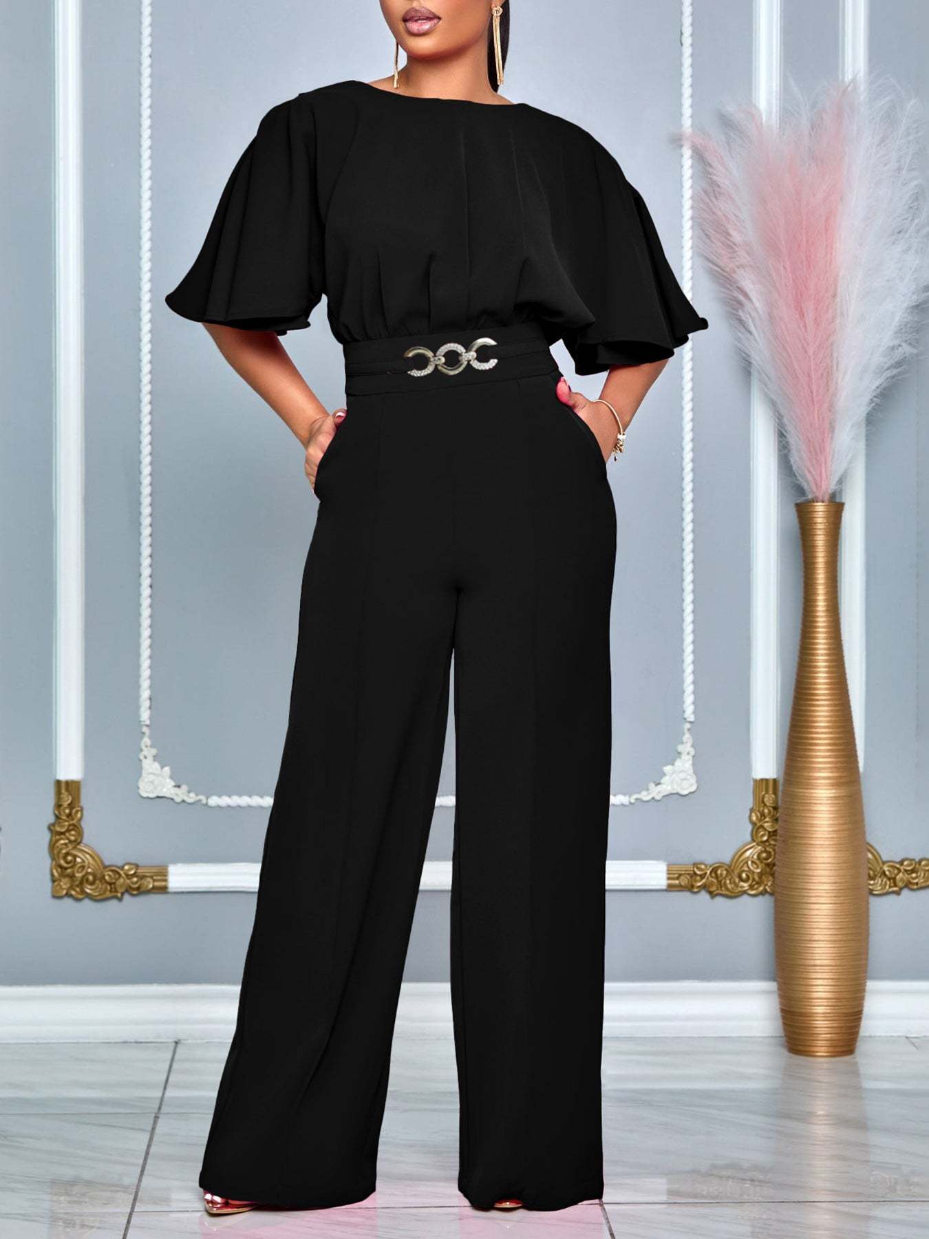 Round Neck Solid Color Wide-Leg Jumpsuit