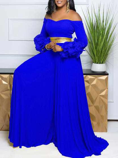 Off-Shoulder Ruffle Pleated Wide Leg Jumpsuit