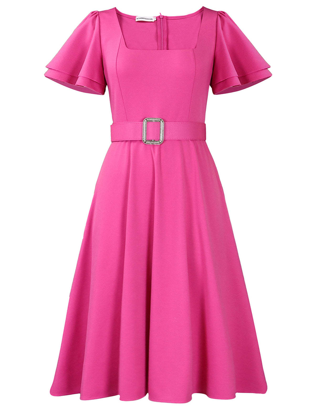 Flared Sleeve Square Neck Midi Dress with Belt