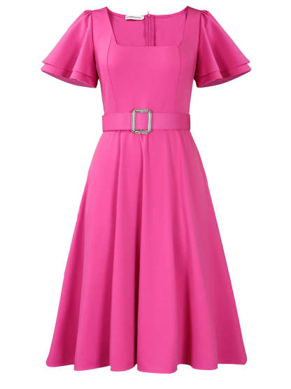 Flared Sleeve Square Neck Midi Dress with Belt