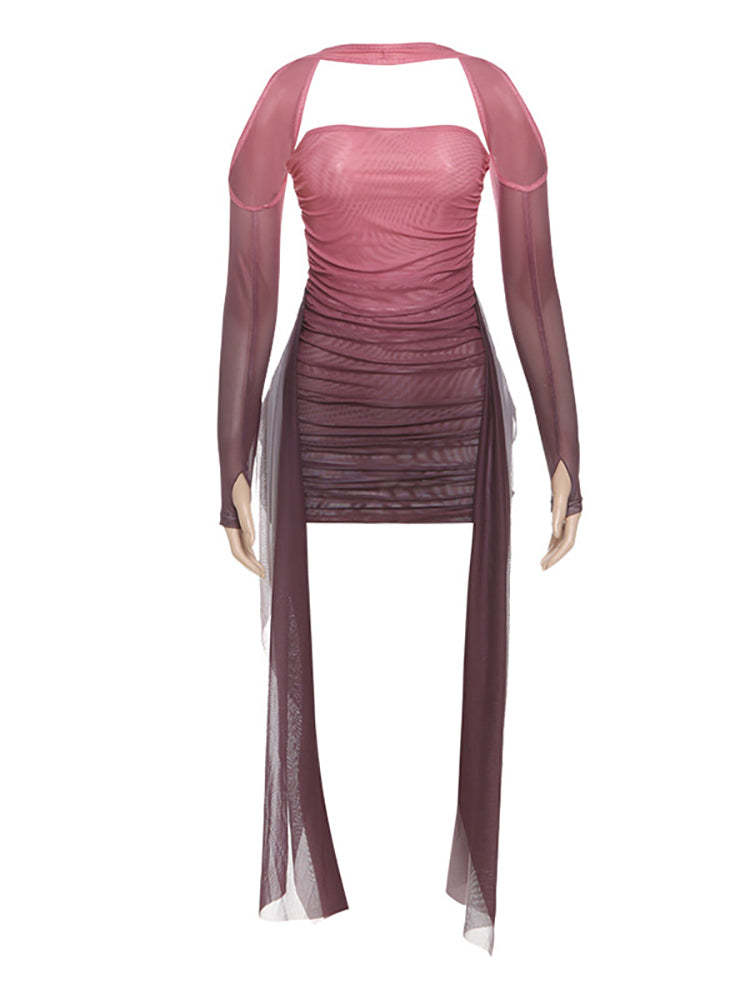 Strapless Mesh Mini Dress with Scarf Gloves