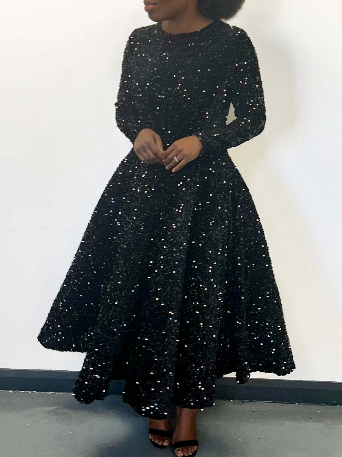 Long Sleeve Solid Color Sequin Dress