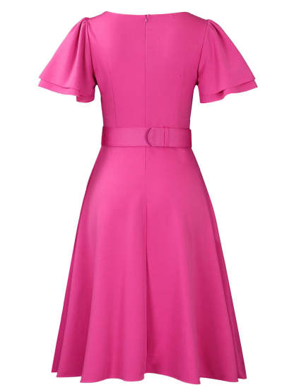 Flared Sleeve Square Neck Midi Dress with Belt