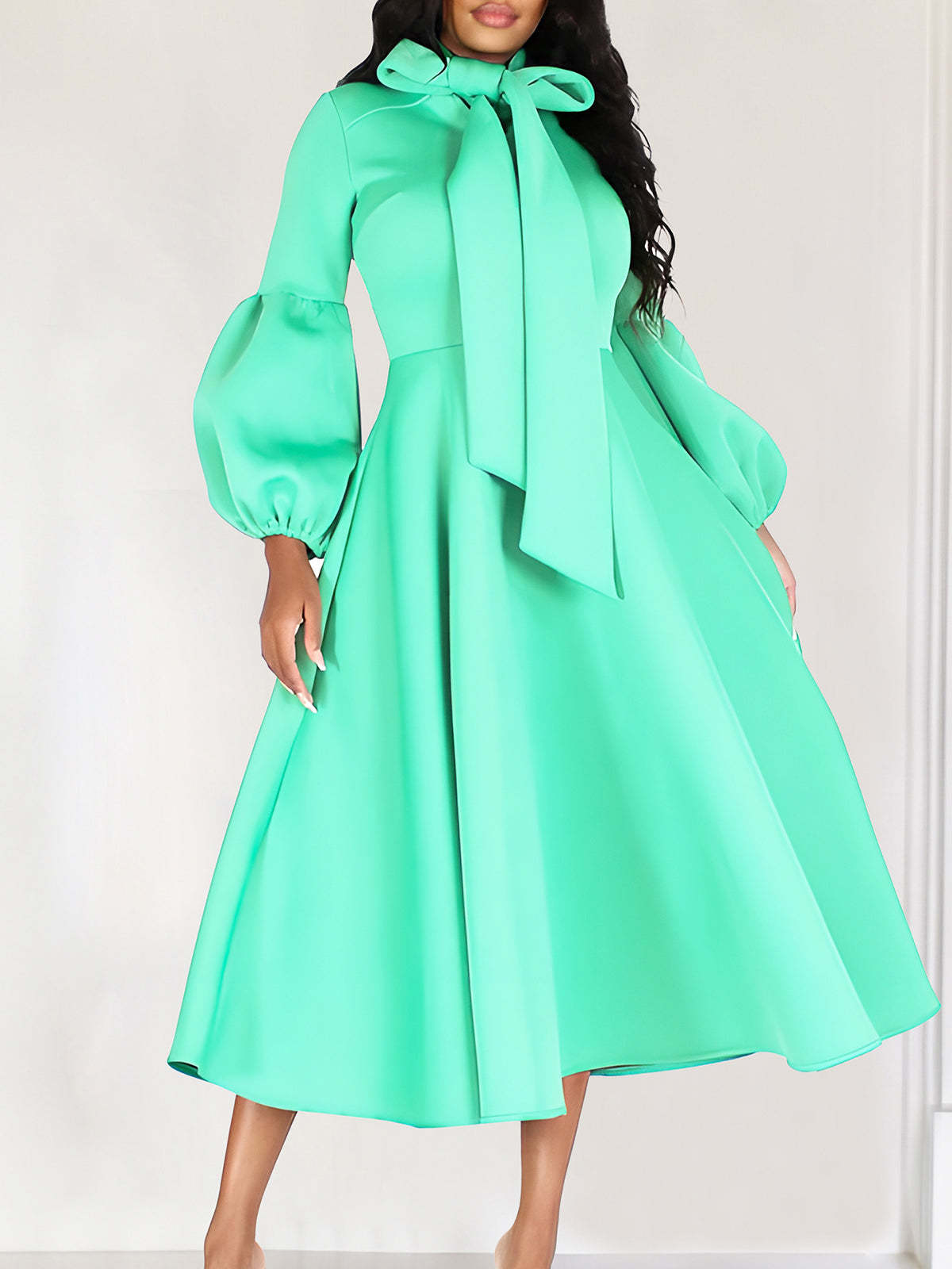 Elegant Puff Sleeve Bow Neck High-Waist Midi Flare Dress | Office Lady