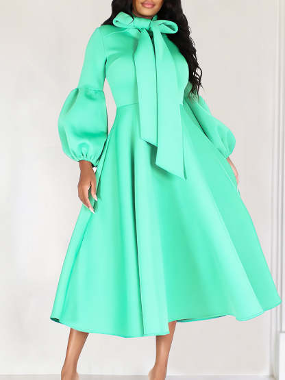 Puff Sleeve Bow-Tie Neck Flared Midi Dress