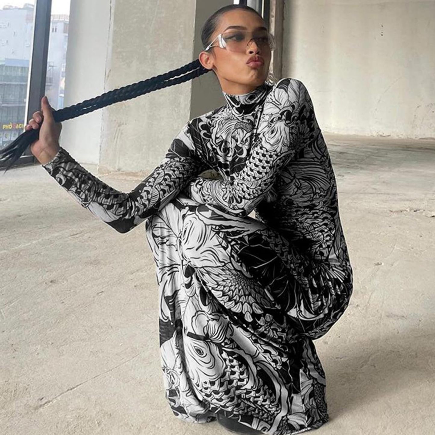 Mock Neck Mesh Print Maxi Dress