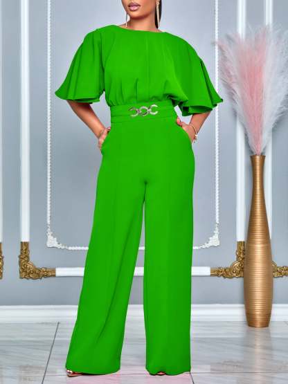 Round Neck Solid Color Wide-Leg Jumpsuit