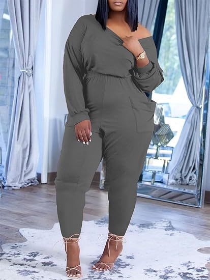 Plus Size Off Shoulder Pockets Loose Jumpsuit