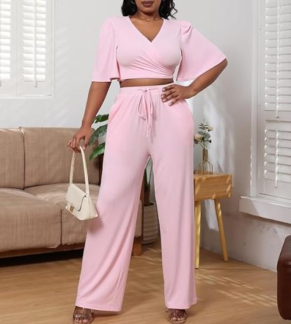 Two Piece Crop Top Drawstring Long Pants