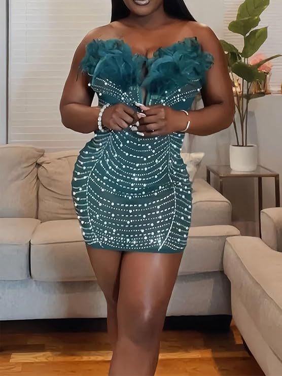 Feather Rhinestone Strapless Mini Dress