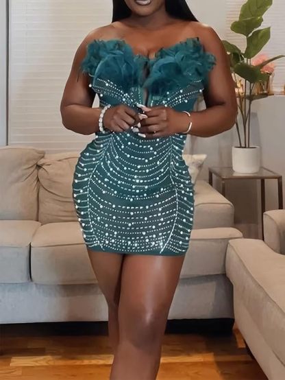 Feather Rhinestone Strapless Mini Dress