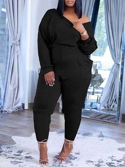 Plus Size Off Shoulder Pockets Loose Jumpsuit