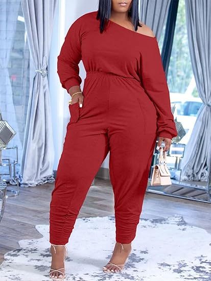 Plus Size Off Shoulder Pockets Loose Jumpsuit