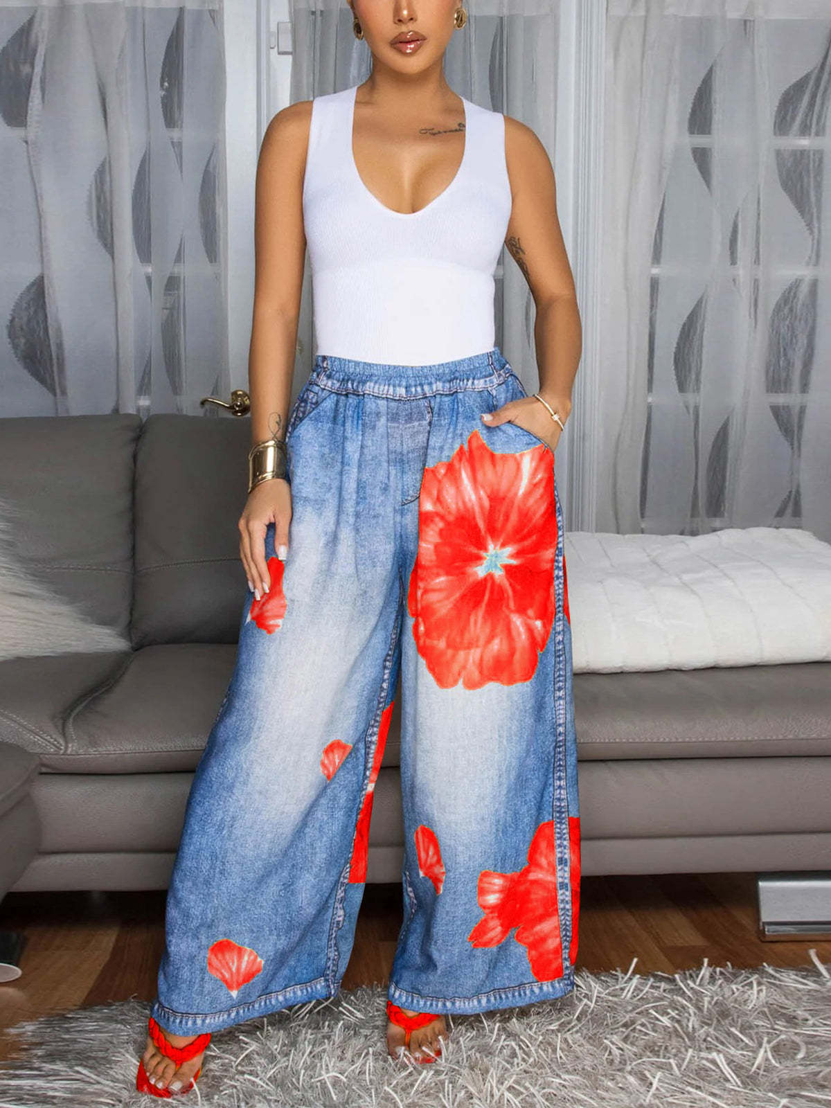 Floral Butterfly Print Wide Leg Denim Pants for Women | Casual Jeans