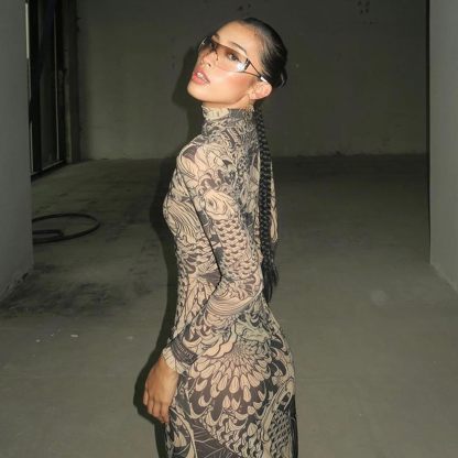 Mock Neck Mesh Print Maxi Dress