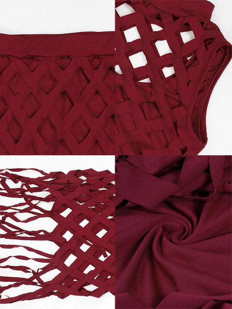 Two Piece Hollow Out Crop Top Tassel Skirts