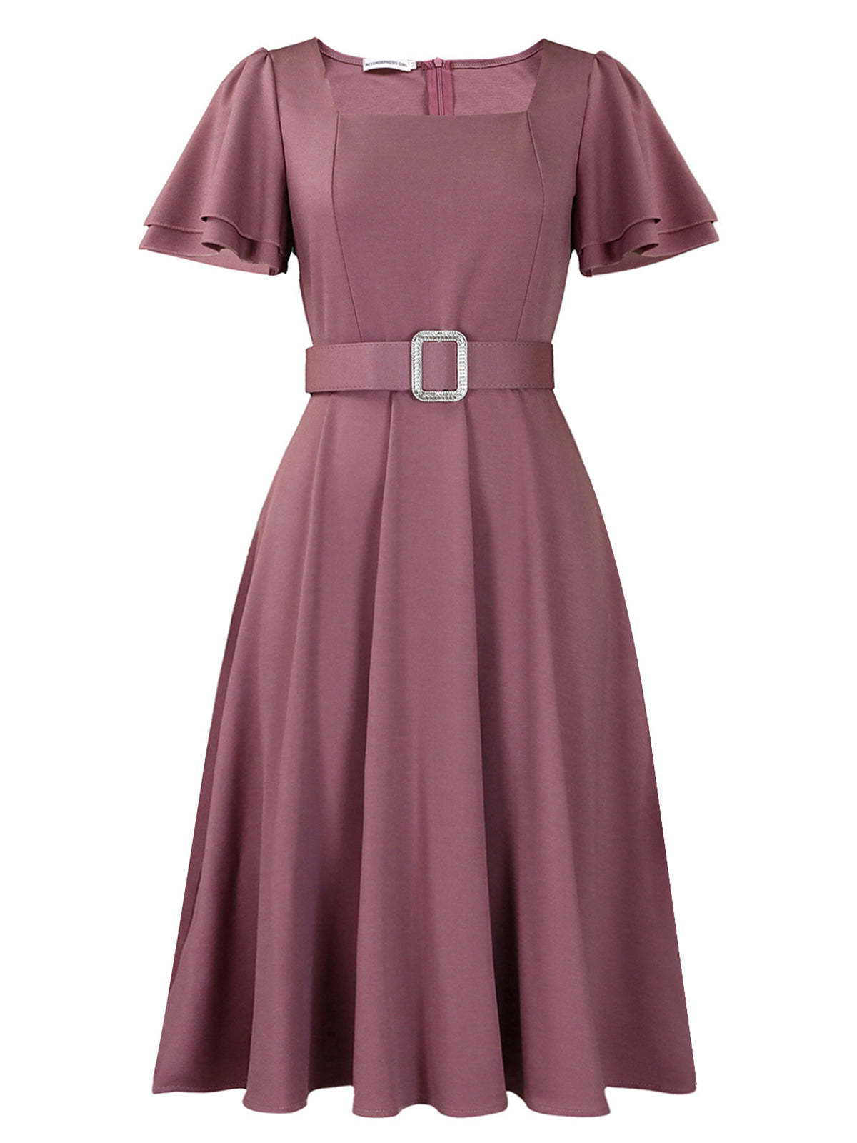Flared Sleeve Square Neck Midi Dress with Belt