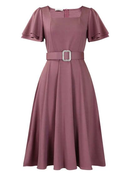 Flared Sleeve Square Neck Midi Dress with Belt