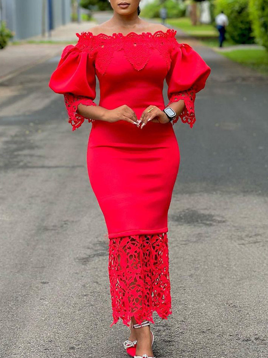Plus Size Off Shoulder Lace Patchwork Dress