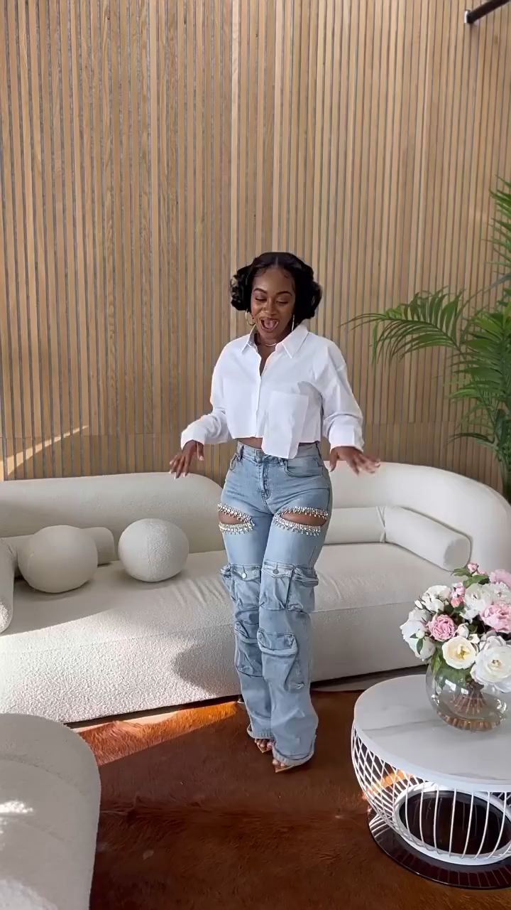 Hollow Rhinestone Multiple Pockets Denim Jeans