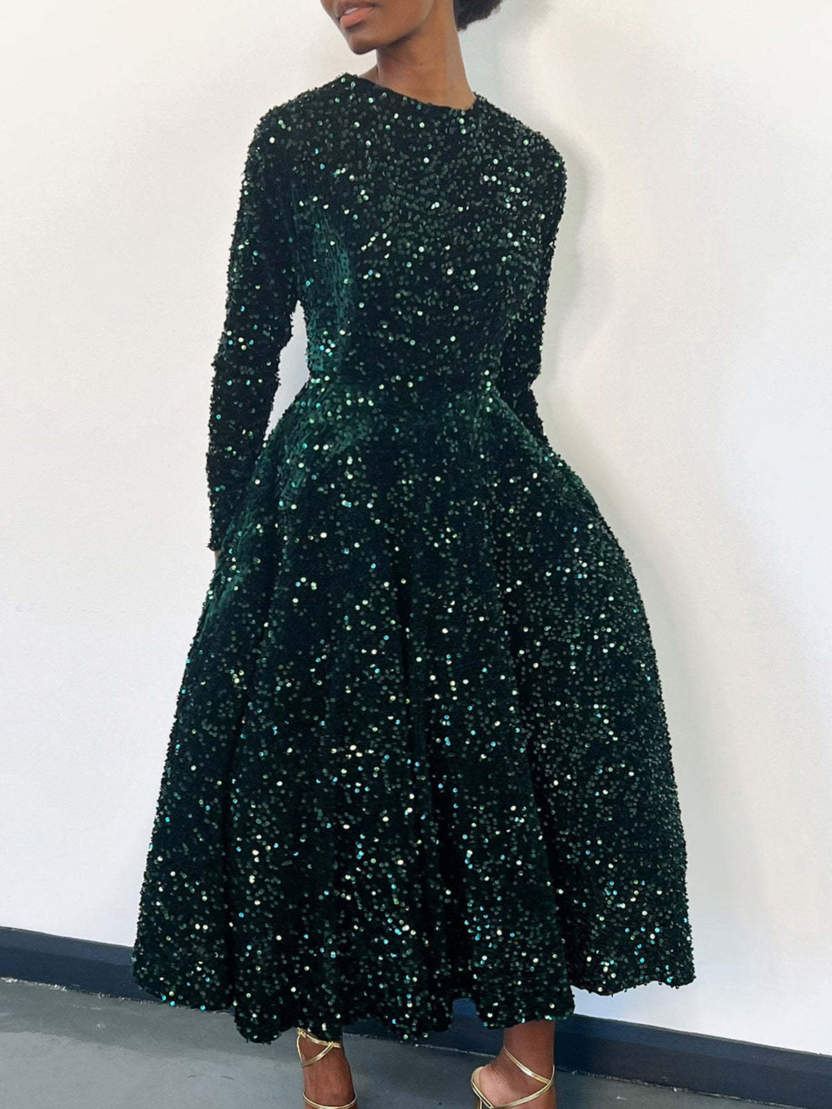 Long Sleeve Solid Color Sequin Dress