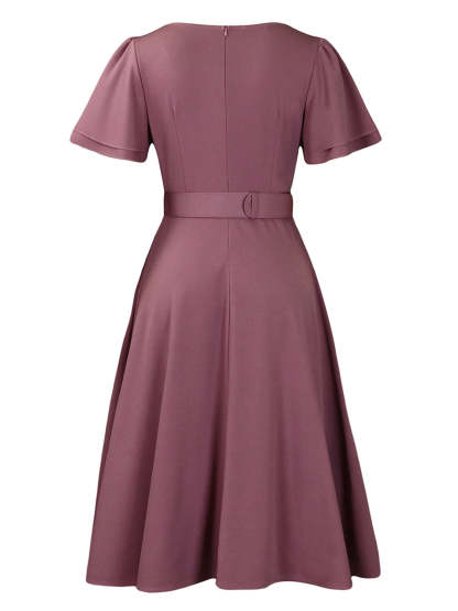 Flared Sleeve Square Neck Midi Dress with Belt