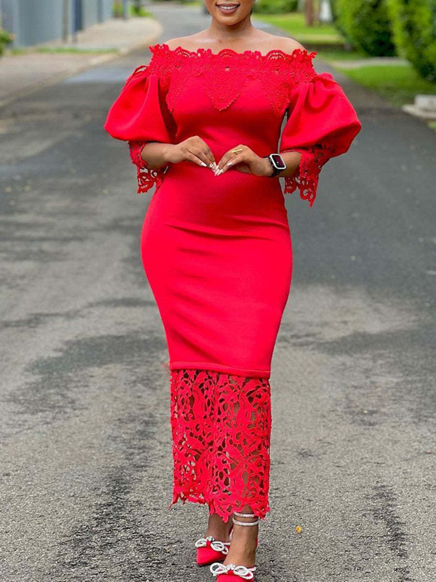 Plus Size Off Shoulder Lace Patchwork Dress