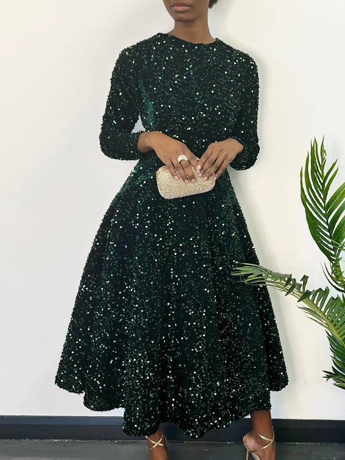 Long Sleeve Solid Color Sequin Dress