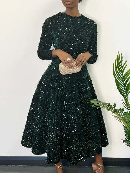 Long Sleeve Solid Color Sequin Dress