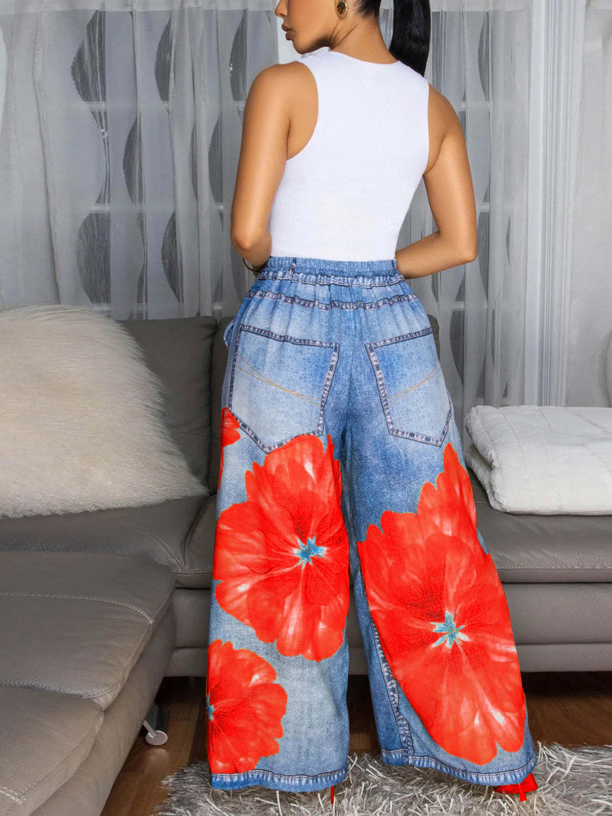 Floral Butterfly Print Wide Leg Jeans