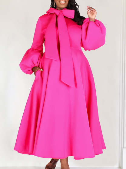 Puff Sleeve Bow-Tie Neck Flared Midi Dress