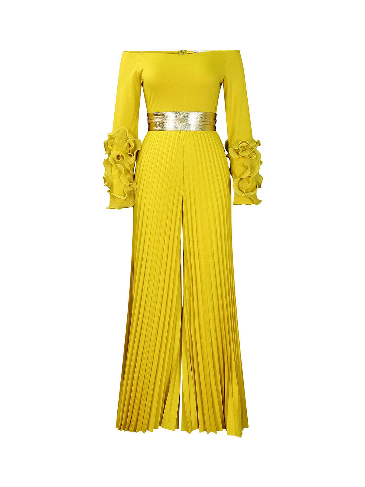 Off-Shoulder Ruffle Pleated Wide Leg Jumpsuit