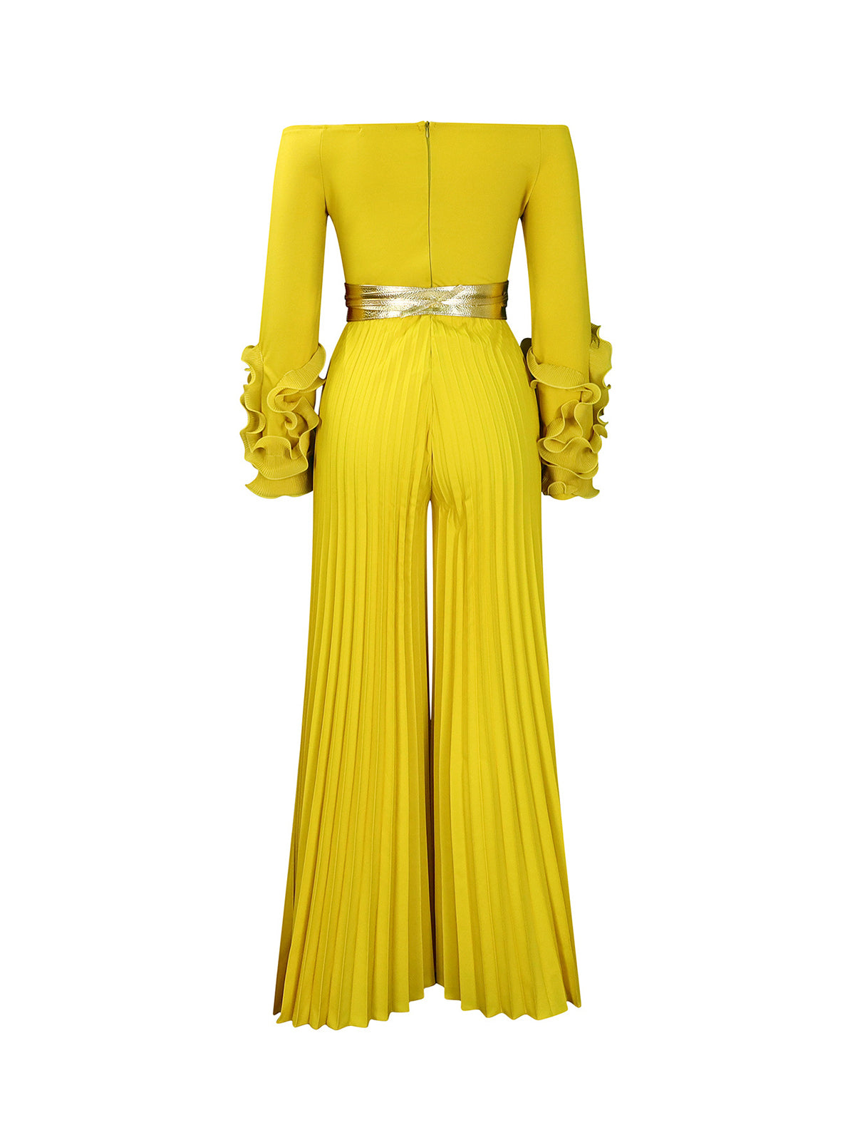 Off-Shoulder Ruffle Pleated Wide Leg Jumpsuit