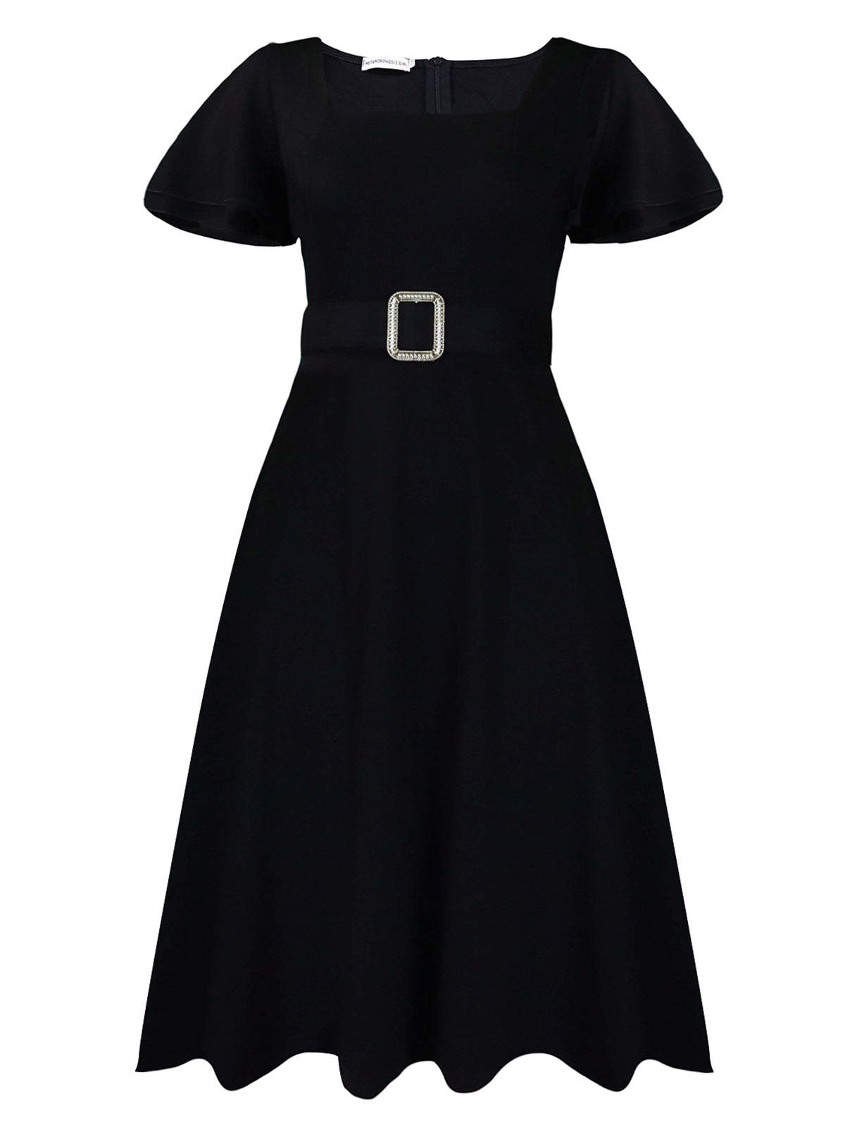 Flared Sleeve Square Neck Midi Dress with Belt
