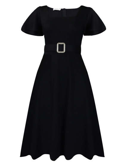 Flared Sleeve Square Neck Midi Dress with Belt