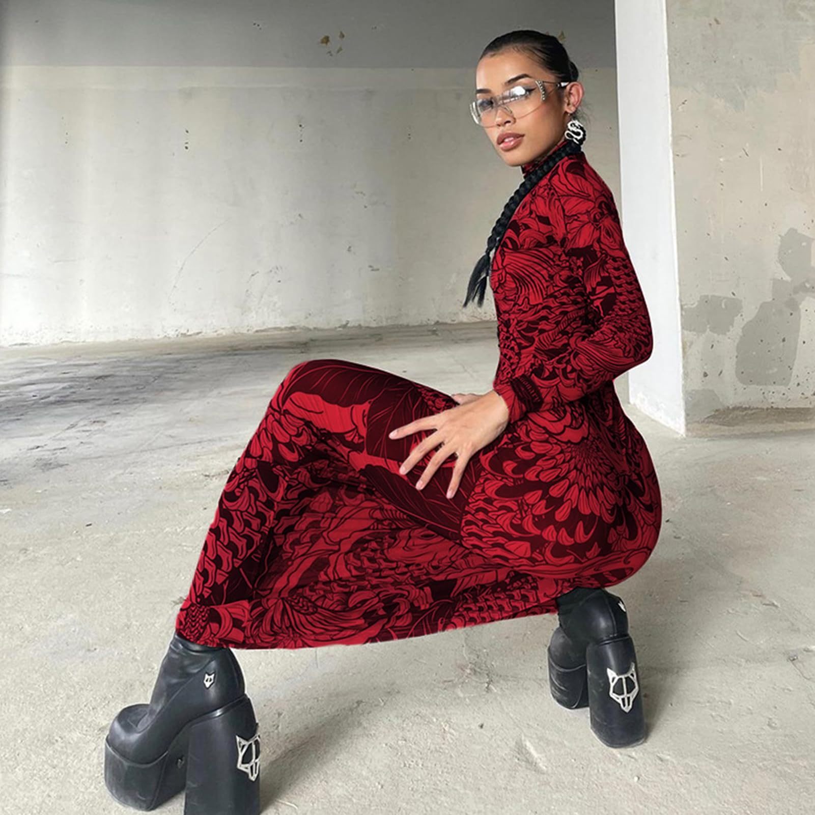 Mock Neck Mesh Print Maxi Dress