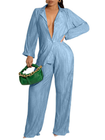 Two Piece Pleated Shirt Wide Leg Pants