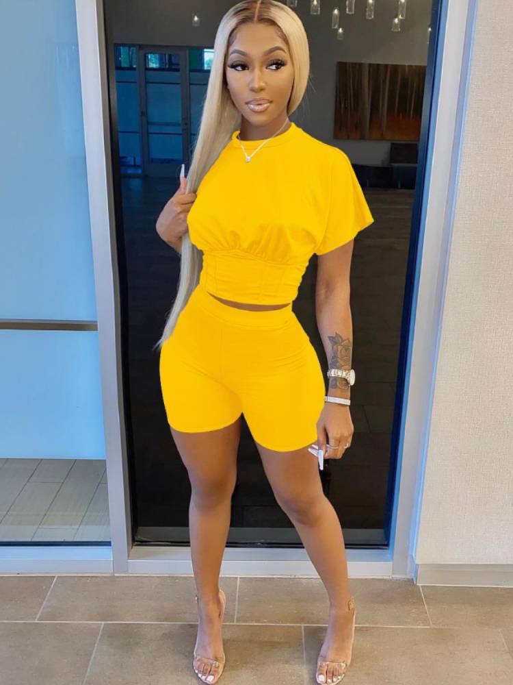 Two Piece Short Sleeves Crop Top Shorts