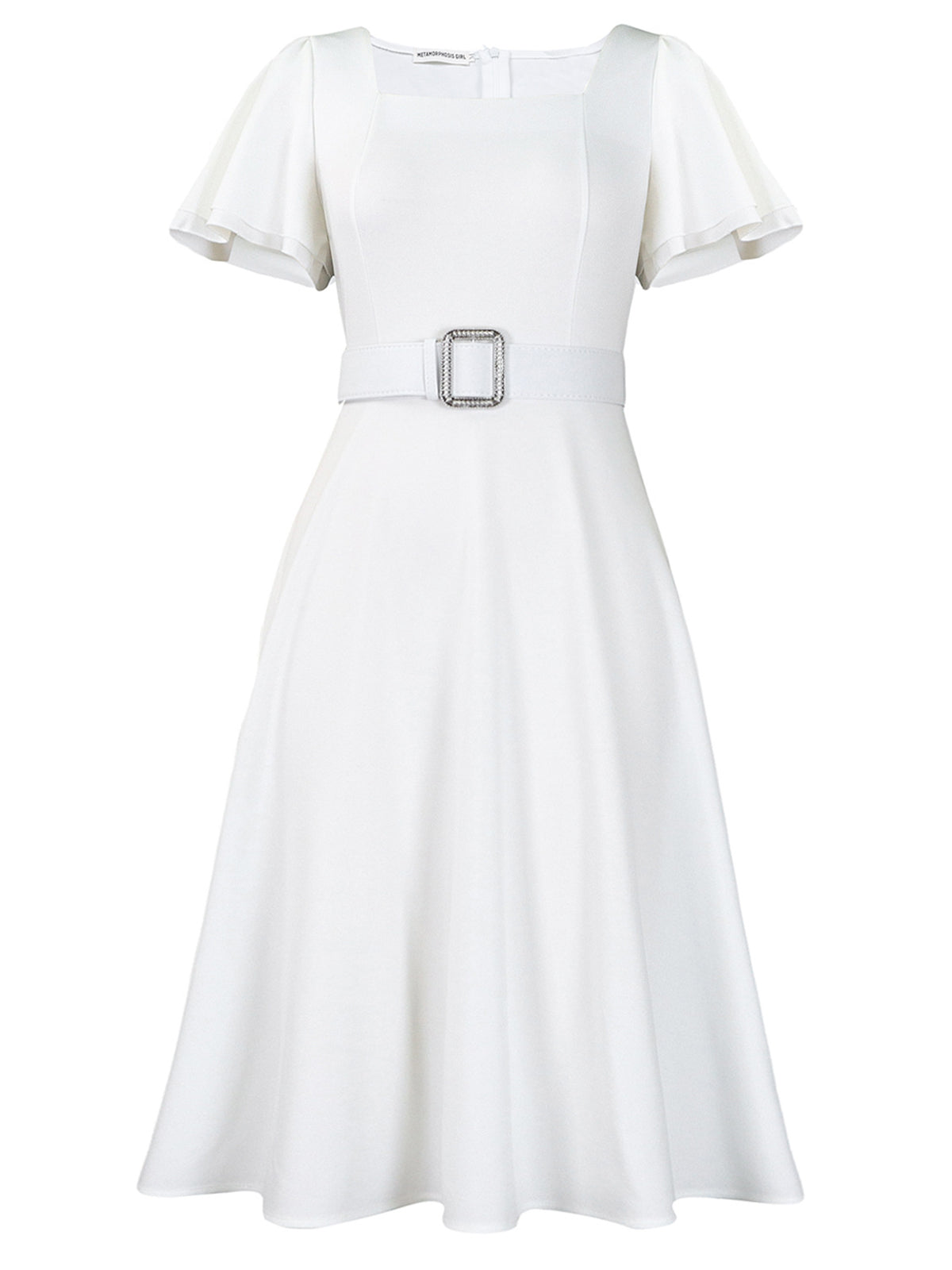 Flared Sleeve Square Neck Midi Dress with Belt