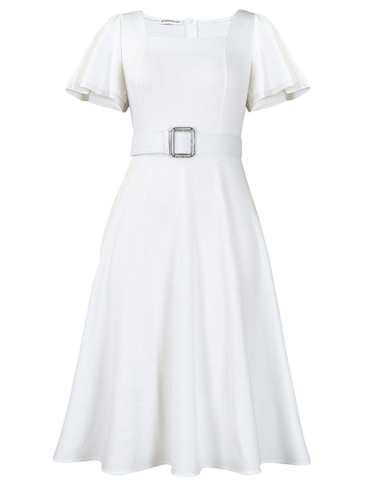 Flared Sleeve Square Neck Midi Dress with Belt