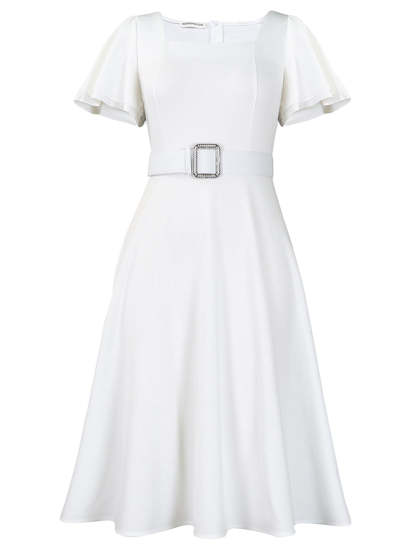 Flared Sleeve Square Neck Midi Dress with Belt