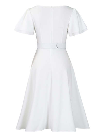 Flared Sleeve Square Neck Midi Dress with Belt