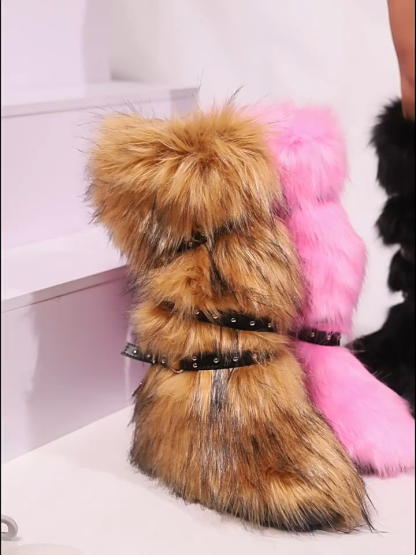 Y2K Faux Fur Cross Strap Buckle Boots