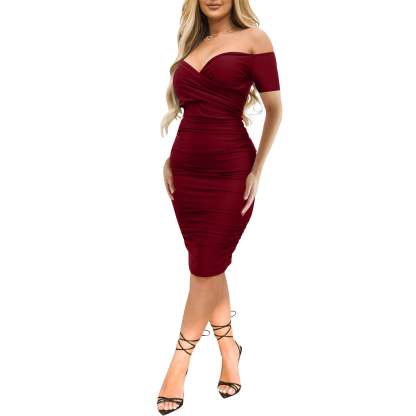 NEW Off Shoulder Ruched Short Sleeve Bodycon Dress