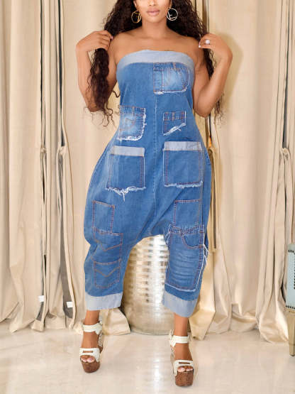 Multiple Pockets Denim Utility Jumpsuit