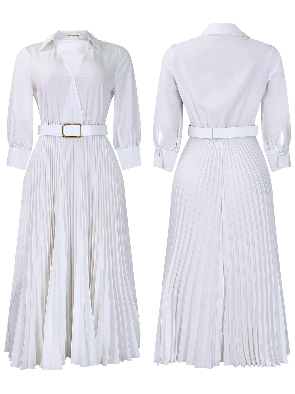 Solid Color V-Neck Pleated Dress with Belt