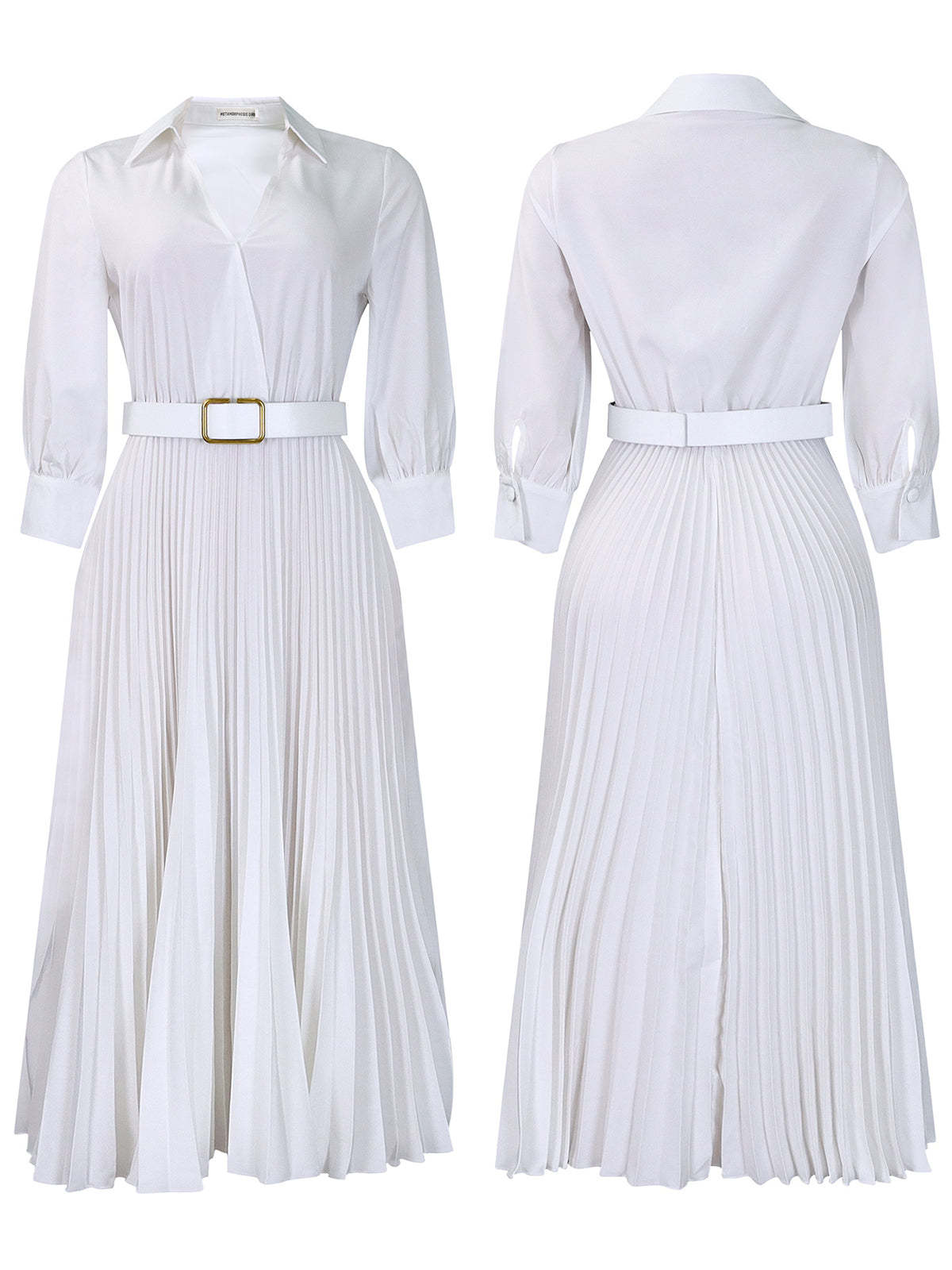 Solid Color V-Neck Pleated Dress with Belt